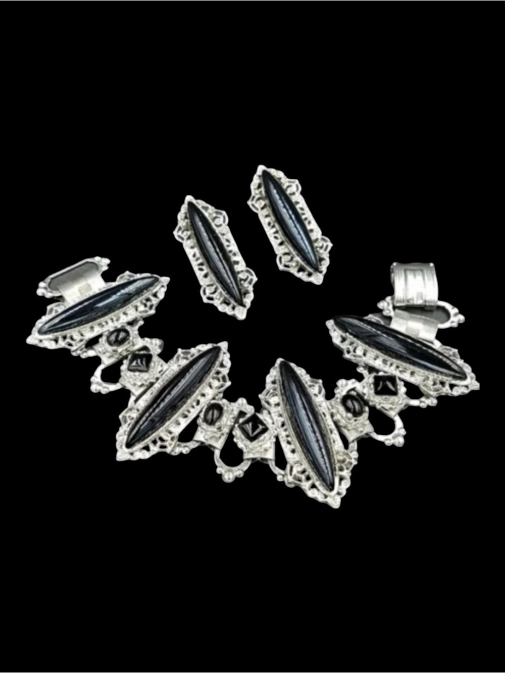 Chunky Ornate Victorian Revival Black Lucite Book Chain Bracelet Earring Set